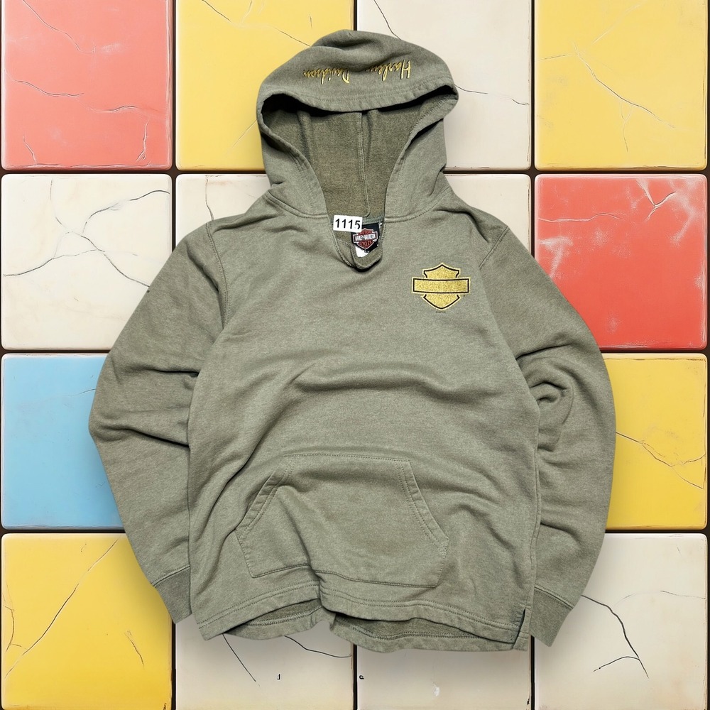 Vintage Y2K Harley Davidson‎ Hoodie XS Women Biker Grunge Green Pullover Sweater